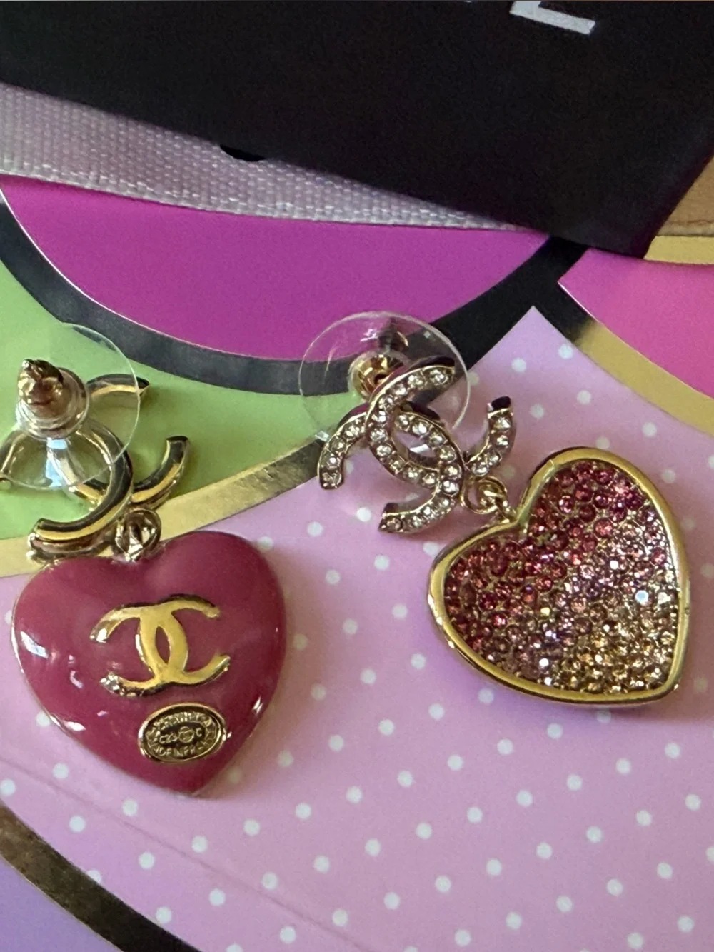 Chanel Gold and Pink Heart drop earrings